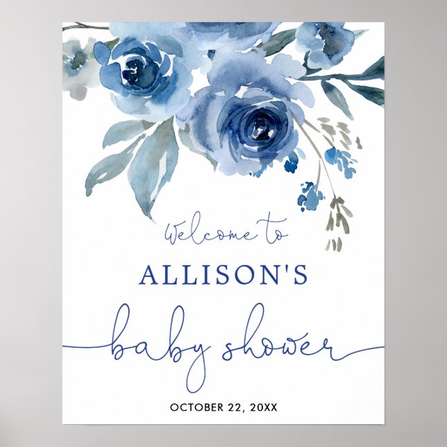 Navy blue floral boy baby shower welcome sign (Front)
