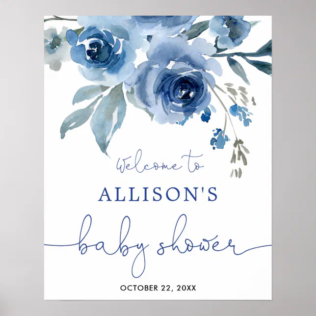 Navy blue floral boy baby shower welcome sign | Zazzle