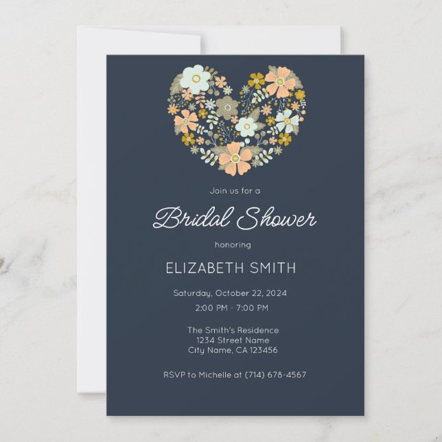 Navy Blue Floral Bridal Invitation Template (Front)