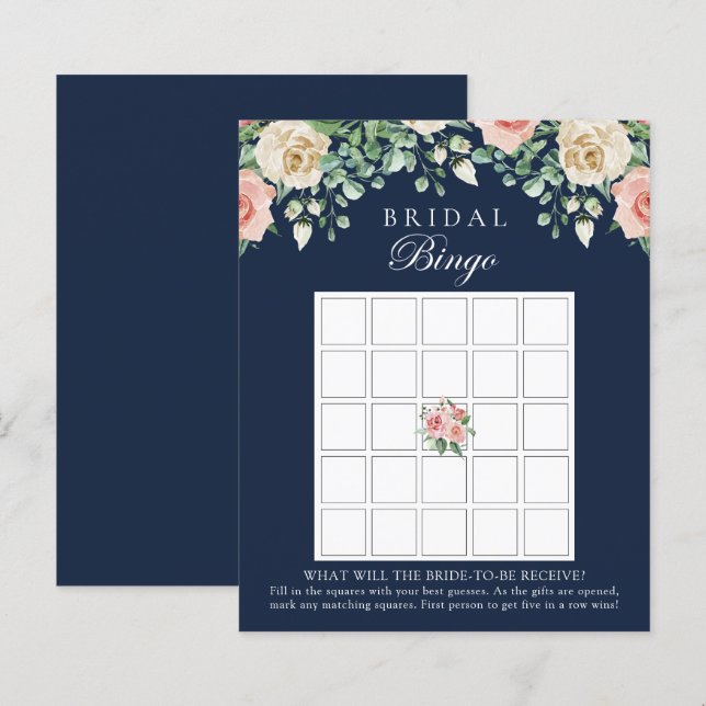 Navy Blue Floral Bridal Shower Bingo Game Card  (Front/Back)