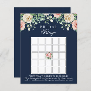 Navy Blue Floral Bridal Shower Bingo Game Card