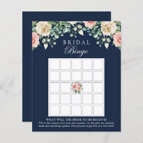 Navy Blue Floral Bridal Shower Bingo Game Card 