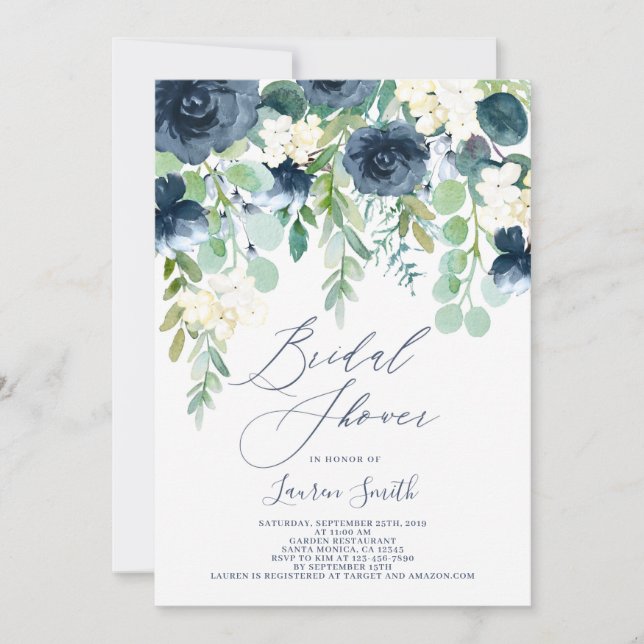 Navy Blue floral bridal shower Invitation (Front)