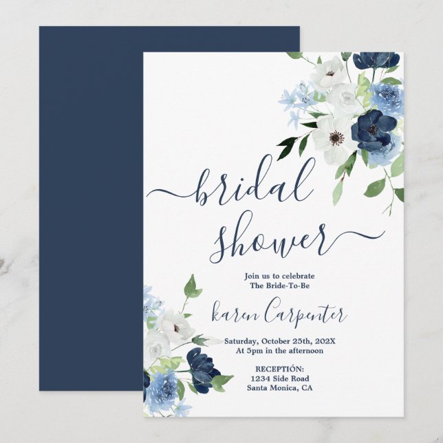 Navy Blue Floral Bridal Shower Invitation (Front/Back)