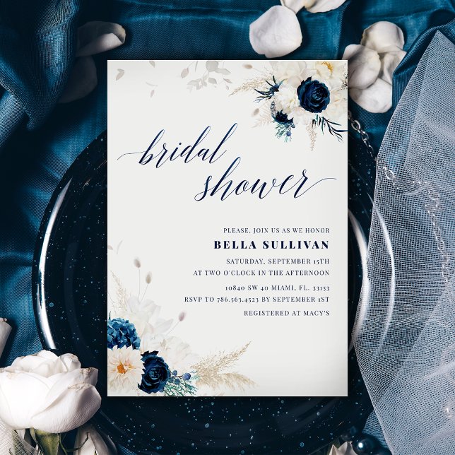 Navy Blue Floral Bridal Shower Invitation (Creator Uploaded)