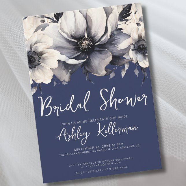 Navy Blue Floral Bridal Shower Invitation (Watercolor Floral Navy Blue Bridal Shower Party Invitation)