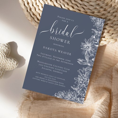Navy Blue Floral Bridal Shower  Invitation