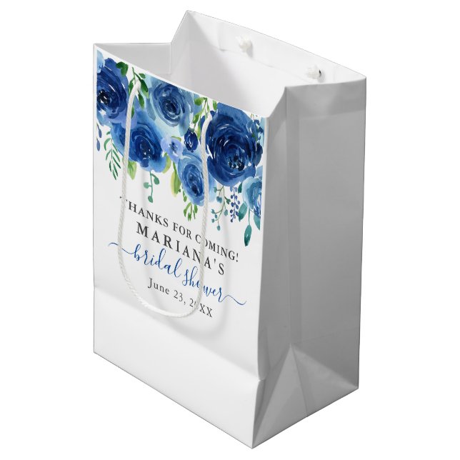 Navy Blue Floral Bridal Shower Medium Gift Bag (Front Angled)