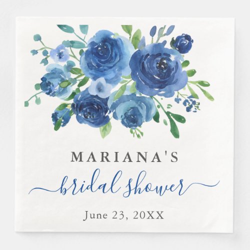 Navy Blue Floral Bridal Shower Paper Dinner Napkins