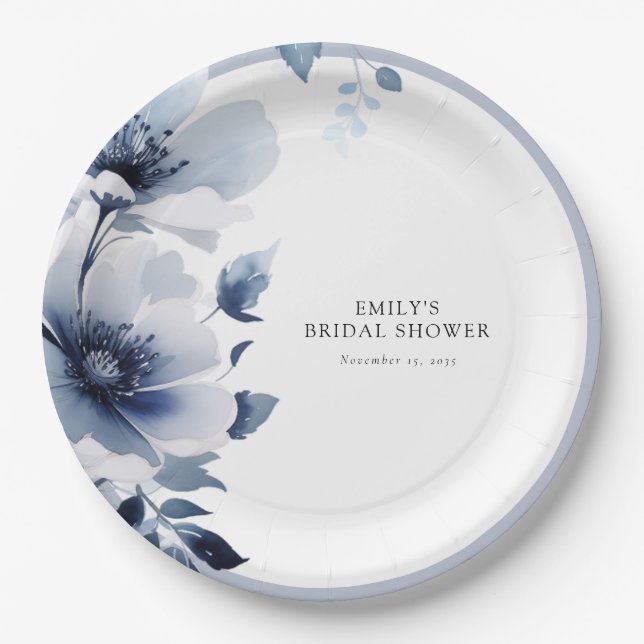 Navy Blue Floral Bridal Shower Paper Plates (Front)