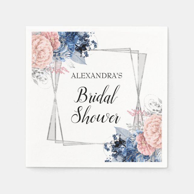 Navy Blue Floral Bridal Shower Pink Geometric Napkins (Front)