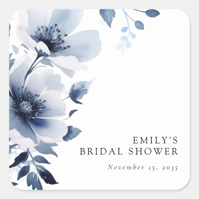 Navy Blue Floral Bridal Shower Square Sticker (Front)