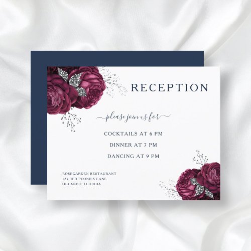 Navy Blue Floral Burgundy Roses Wedding Reception Enclosure Card