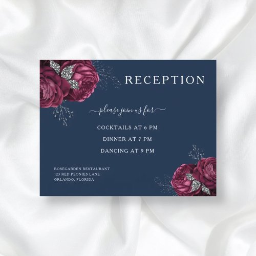 Navy Blue Floral Burgundy Roses Wedding Reception Enclosure Card