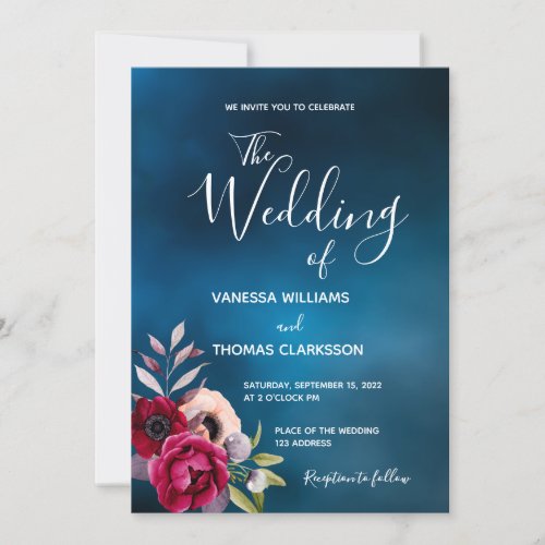 Navy Blue floral burgundy wedding Invitation