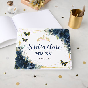 Navy Blue Floral Butterflies Gold Quinceanera 15 Guest Book