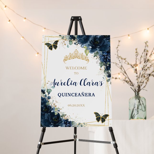 Navy Blue Floral Butterflies Gold Quinceañera 16th Foam Board (In Situ (Stand))