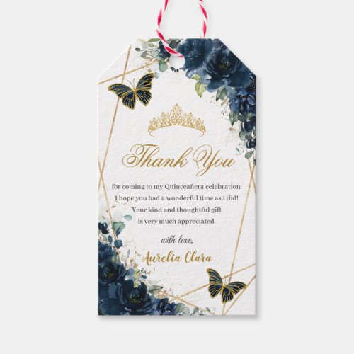 Navy Blue Floral Butterflies Quince 16th Birthday  Gift Tags