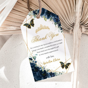 Navy Blue Floral Butterflies Quince 16th Birthday  Gift Tags