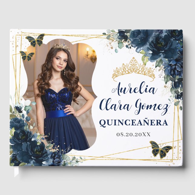 Navy Blue Floral Butterflies QUINCEAÑERA  16 Photo Guest Book (Front)