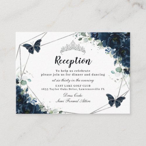 Navy Blue Floral Butterflies Quincea&#241;era Reception Enclosure Card