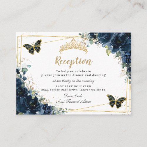 Navy Blue Floral Butterflies Quinceaera Reception Enclosure Card