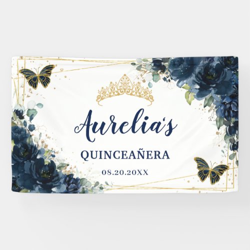 Navy Blue Floral Butterflies XV Welcome Backdrop Banner