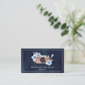Navy Blue Floral Camera QR Code Photographer Business Card (Standing Front)