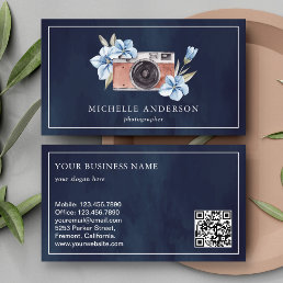 Navy Blue Floral Camera QR Code Photographer Business Card