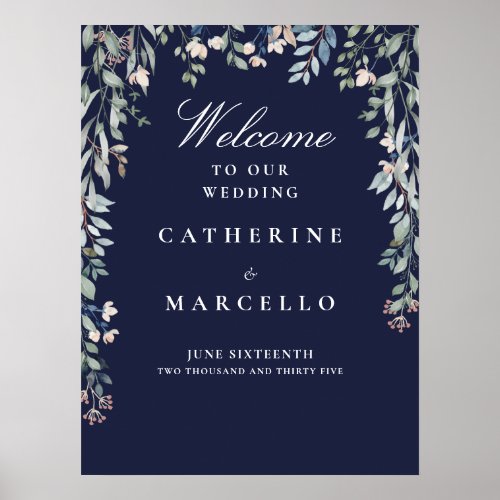 Navy Blue Floral Cascade Wedding Welcome Sign