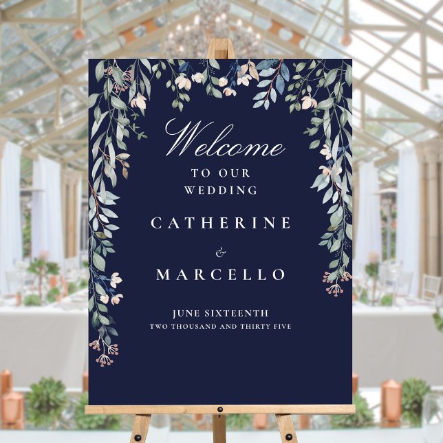 Navy Blue Floral Cascade Wedding Welcome Sign (Navy Blue Floral Cascade Wedding Welcome Sign)