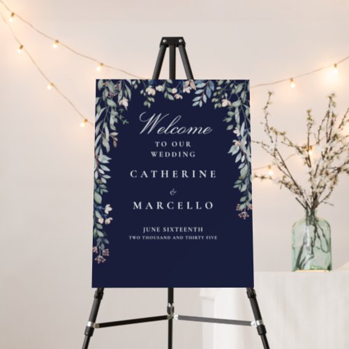 Navy Blue Floral Cascade Wedding Welcome Sign