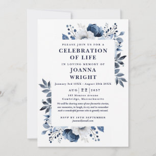 Navy Blue Floral Celebration Of Life Funeral Invitation