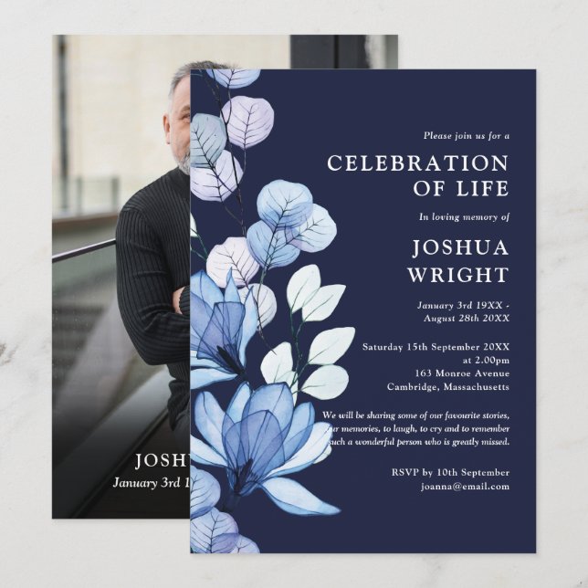 Navy Blue Floral Celebration Of Life Funeral Photo Invitation (Front/Back)