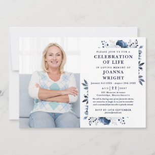 Navy Blue Floral Celebration Of Life Funeral Photo Invitation