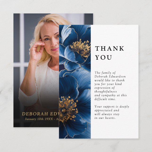 Navy Blue Floral Celebration Of Life Funeral Photo Thank You Card (Front/Back)