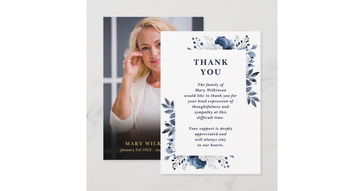 Navy Blue Floral Celebration Of Life Funeral Photo Thank You Card | Zazzle
