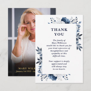 Navy Blue Floral Celebration Of Life Funeral Photo Thank You Card