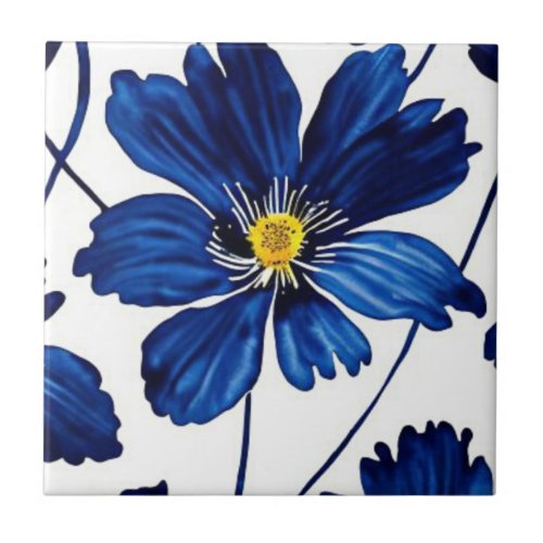 Navy blue floral ceramic tile