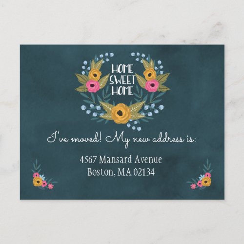 Navy Blue Floral Change of Address Announcement Postcard