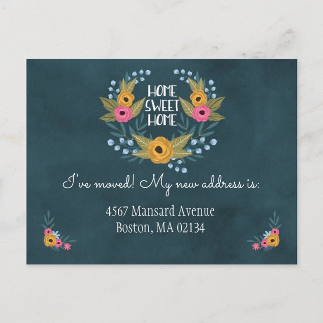 Navy Blue Floral Change of Address Announcement Postcard (Front)