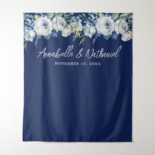 Navy Blue Floral Chic Winter Wedding Photo Booth Tapestry