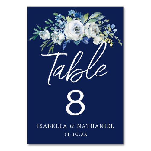 Navy Blue Floral Chic Winter Wedding Table Number