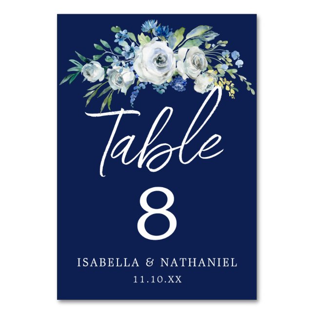 Navy Blue Floral Chic Winter Wedding Table Number (Front)