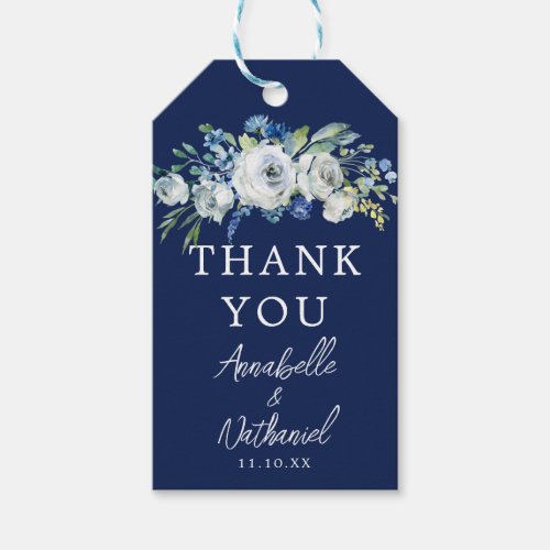 Navy Blue Floral Chic Winter Wedding Thank You Gift Tags
