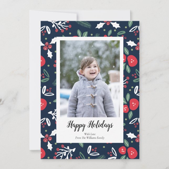 Navy Blue Floral Christmas Photo Cards (Front)