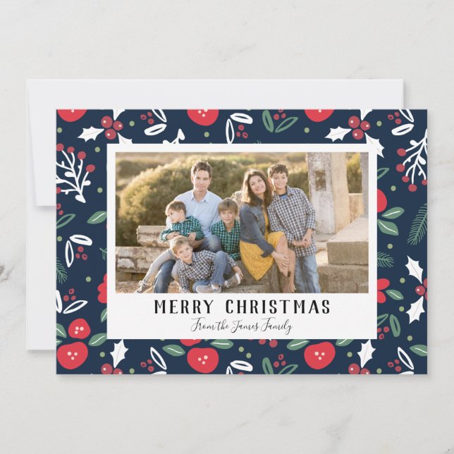 Navy Blue Floral Christmas Photo Cards (Front)
