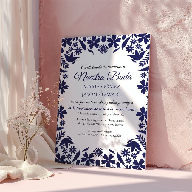 Navy Blue Floral Classic Aesthetic Spanish Wedding Invitation (Navy Blue Floral Classic Aesthetic Spanish Wedding Invitation)