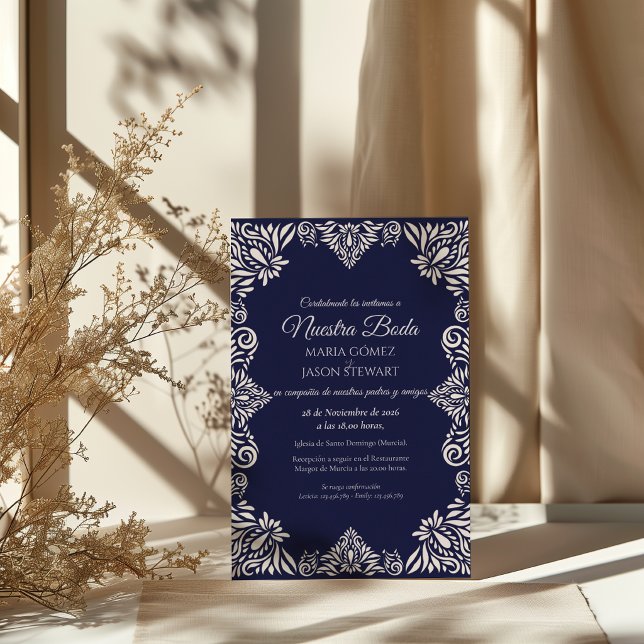 Navy Blue Floral Classic Elegant Spanish Wedding Invitation (Navy Blue Floral Classic Elegant Spanish Wedding Invitation)