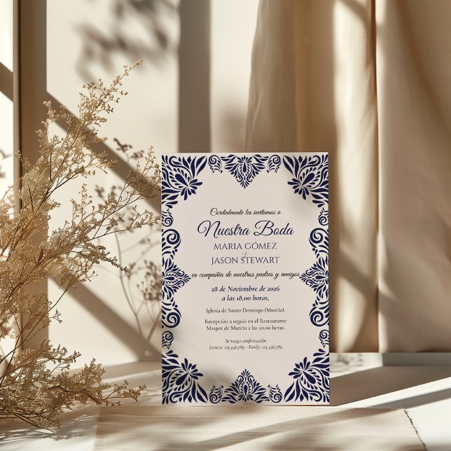 Navy Blue Floral Classic Elegant Spanish Wedding Invitation (Navy Blue Floral Classic Elegant Spanish Wedding Invitation)